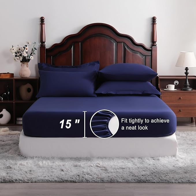 NTBAY Queen Comforter Set with Sheets, 7 Pieces Soft and Breathable Queen Bedding Set, Bed in a Bag, Down Alternative Comforter Set Solid Color All Season, Queen Bedding Set, Navy Blue