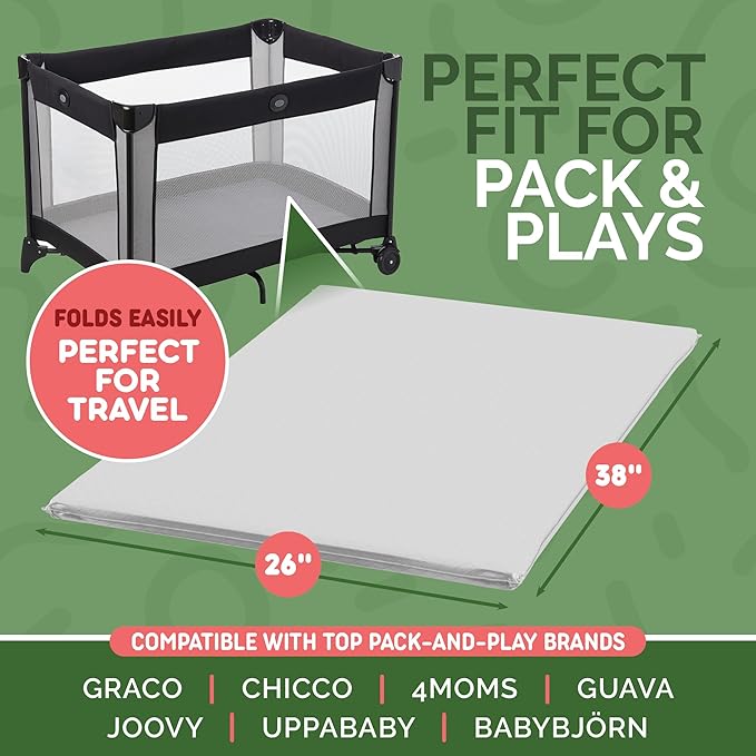 Pack and Play Mattress 38x26 x1-1-Inch Firm Foam Pack n Play Mattress Pad with Waterproof Vinyl Cover - Safe Secure Fit for Playard Bedding - CPSC Compliant Foldable Portable Travel Baby Bed
