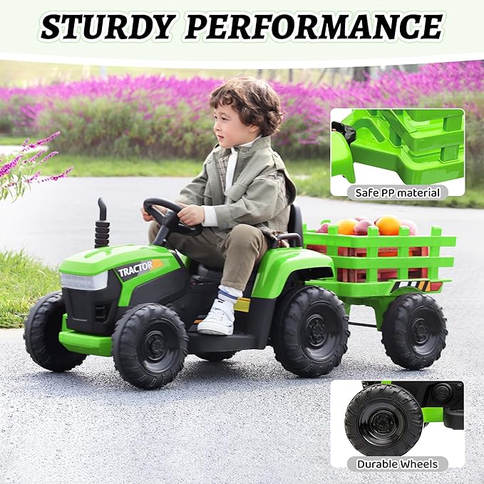 TOBBI Kids Electric Toy Tractor, 12V Battery-Powered Toddlers Ride On Car to Drive, Motorized Trailer Vehicle with 35W Dual Motor/6-Wheels/3-Speeds/LED & Horn Functions for Chirdren Aged 3-6-Green