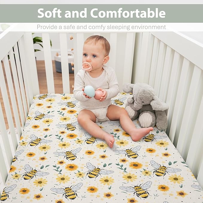 Boho Bees Sunflowers Baby Crib Sheets for Boy Girl 52"x28" Watercolor Bee Yellow Floral Soft Snug Fitted Crib Mattress Cover Spring Summer Baby Sheet for Standard Crib & Toddler Bed Mattress