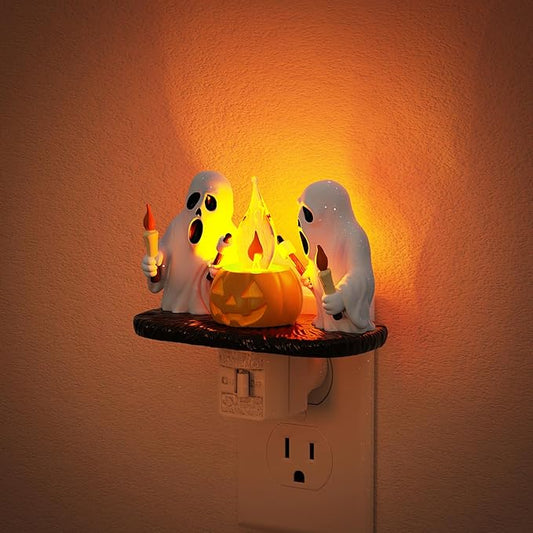 Halloween Night Light,Amber Night Lights Plug into Wall,Cute & Funny Flaming Jumping Night Light,Plug in Ghost & Pumpkin Nightlight with 360° Rotatable for Kids Halloween Party Decor, 1 Pack