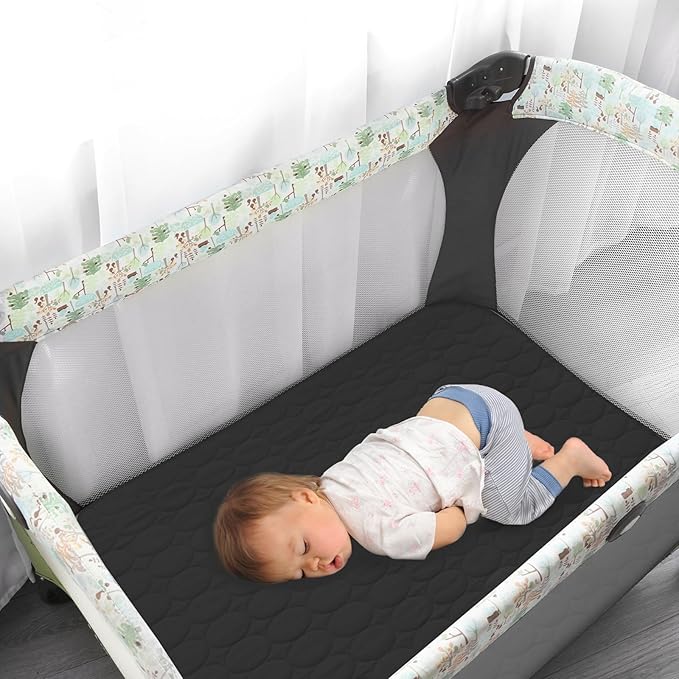 Pack and Play Sheets Fitted Quilted Waterproof Protector, 2 Pack Playard Mattress Pad Compatible with Graco Pack n Play, Mattress Cover fits for Baby Playpen Mattress, Mini Crib, Black