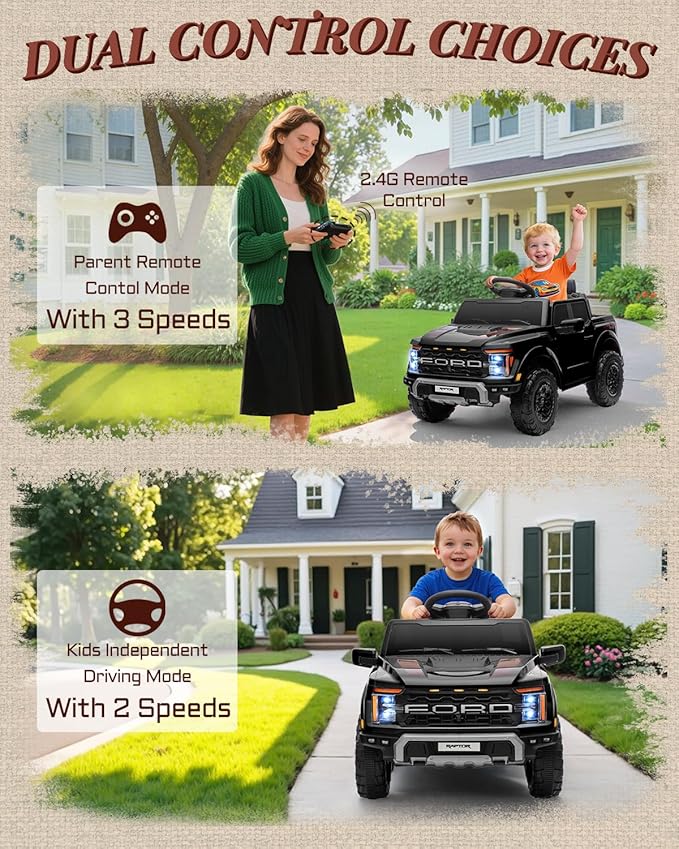 First Ride On 12V Licensed Ford F-150 Raptor Kids Ride on Toy, Ride on Truck with Parent Remote Control, Electric Car for Kids with Truck Bed Storage, 3 Point Safety Belt, LED Lights (Black)