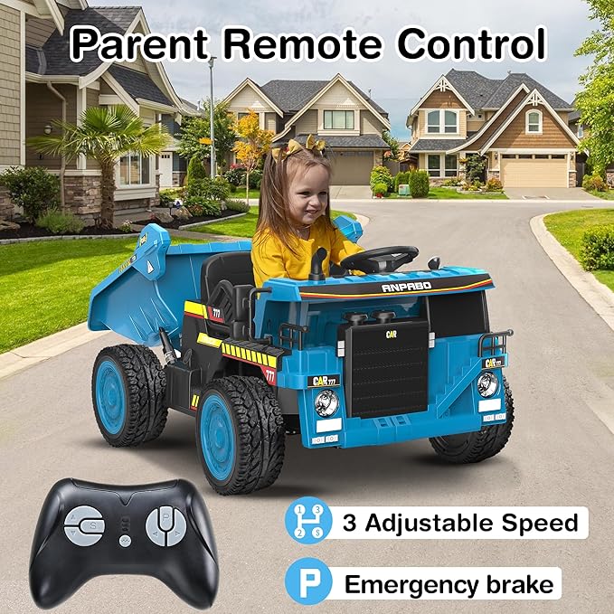ANPABO 24V Ride On Dump Truck, 2X75W Powerful Motors, Up to 4.4Mph, EVA Tires, Construction Vehicle w/Electric Dump Bed and Extra Shovel, 19" Spacious 2 Seater, Kids Car w/Parent Remote -Blue
