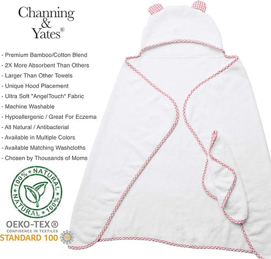 Channing & Yates Premium Boutique Hooded Baby Towels and Washcloth Set - Organic Viscose Made from Bamboo Baby Towel with Hood… (Pink Set)