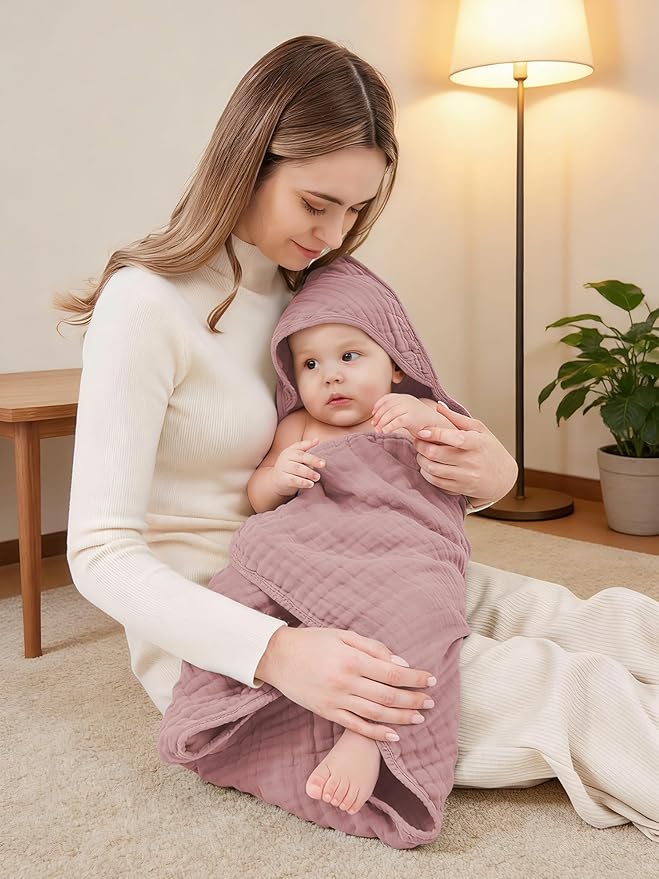 Muslin Hooded Baby Bath Towels - 3 Pack 100% Cotton Ultra-Soft Towels for Newborns, Infants, Toddlers - 32x32 Inch - Highly Absorbent, Quick-Dry Essentials for Bath Time, Beach, Pool, Neutral Series
