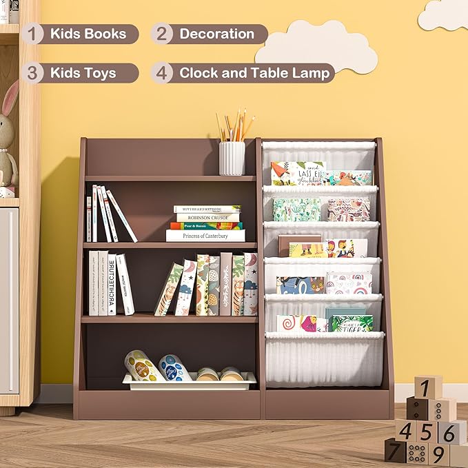 HedoAjim Kids Bookshelf Toy Storage Organizer 4-Tier Wood Book Rack Toddler Bookcase Baby Book Toy Display Shelf 5 Sling Bookshelf for Playroom Bedroom Nursery Classroom Church Espresso