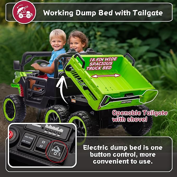 24V 2 Seater 4WD 6x6 Ride On Dump Truck with Remote Control, Ride on Toys for Big Kids with 20inch Seat, 3 Speeds, 4X100 Motors, Music, Ride on Truck for Toddler Boys Girls, Green