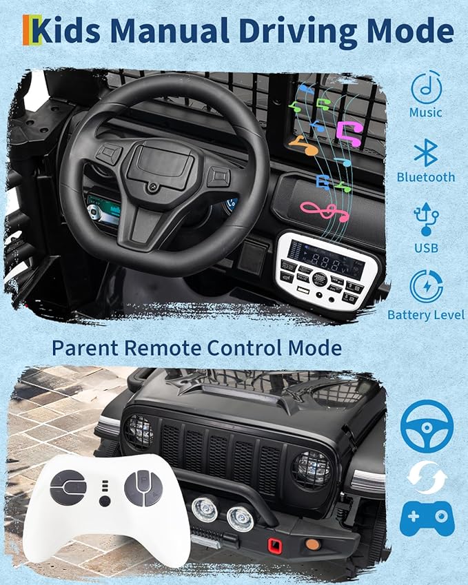 2 Seats 24V Kids Electric Ride on Car with Remote Control, 20" Large Seat with 2 Safety Belts, Two 200W Battery Powered Electric Vehicle for 3+ Years, LED Light,Music,Horn,USB Port, Riding Toy,Black