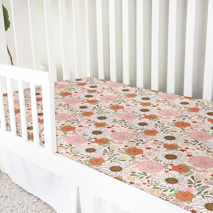 Retro Boho Floral Baby Crib Sheet 52''x28'' Vintage Flowers Stretchy Fitted Crib Mattress Sheet for Boy Girl Wild Flowers Summer Soft Baby Nursery Bed Sheets for Standard Crib and Toddler Mattress