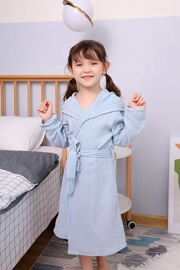 Organic Cotton Toddler Bathrobe, Soft and Breathable Baby Robe for Kid, Boy& Girl Hooded Robe Muslin