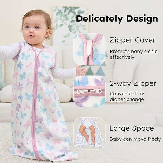 Baby Sleep Sack 6-12 months, 100% Cotton Sleeping Sack for Newborn and Infant, 3 Pack Baby Wearable Blanket, 0.5 Tog Lightweight Double Zipper Sleep Bag Medium Pink Butterfly Flower