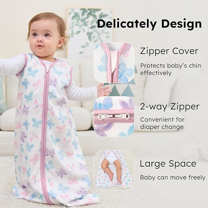 Baby Sleep Sack 0-6 months, 100% Cotton Sleeping Sack for Newborn and Infant, 3 Pack Baby Wearable Blanket, 0.5 Tog Lightweight Double Zipper Sleep Bag Small Pink Butterfly Flower