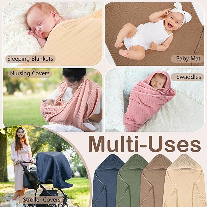 Peryiter 4 Pcs Muslin Hooded Baby Towels, 32x 32'' Cotton Newborn Bath Towel Muslin Infant Baby Blankets Absorbent Unisex Christmas Registry Gift Essentials for Girls Boys (Green)