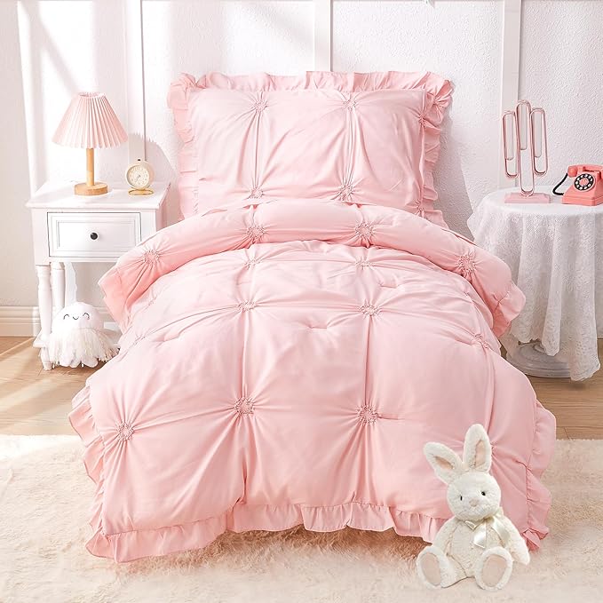 Wowelife Princess Toddler Bedding Set for Girls, Boho Toddler Bed Set, 4 Pieces Ruffles Jacquard Embroidery Toddler Girl Comforter with Comforter, Fitted Sheet, Flat Sheet and Pillowcase, Pink