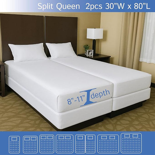 Split Queen Mattress/Box Spring Encasement 30" x 80" (2PCs) - Waterproof Zippered Protector Premium Quality Hypoallergenic Bed Cover Protects Against Dust - Breathable Smooth Fabric