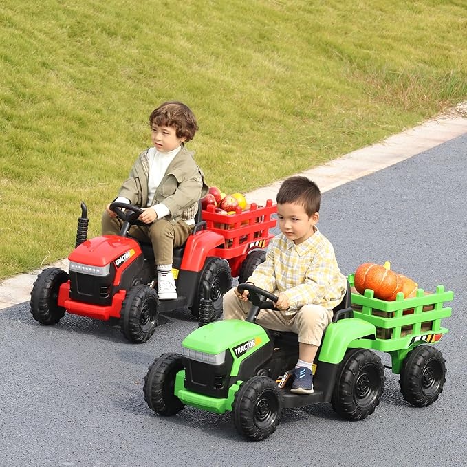 TOBBI Kids Electric Toy Tractor, 12V Battery-Powered Toddlers Ride On Car to Drive, Motorized Trailer Vehicle with 35W Dual Motor/6-Wheels/3-Speeds/LED & Horn Functions for Chirdren Aged 3-6-Green