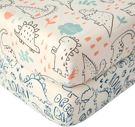 SDIII 2 Pack Dinosaur Crib Sheets for Boys 52×28 Stretchy Microfiber Jersey Knit Fall Crib Sheets Dinosaur for Standard Crib and Toddler Mattress