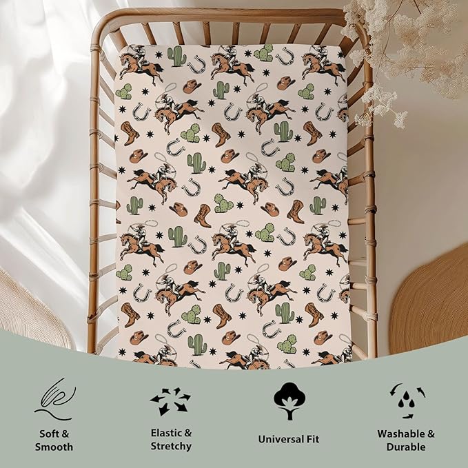 Retro Western Cowboy Baby Crib Sheets for Boy Girl 52x28Inch Cowboy Boots Hat Horse Cactus Soft Snug Fitted Crib Mattress Cover Wild West Desert Baby Sheet for Standard Crib & Toddler Mattress Pad