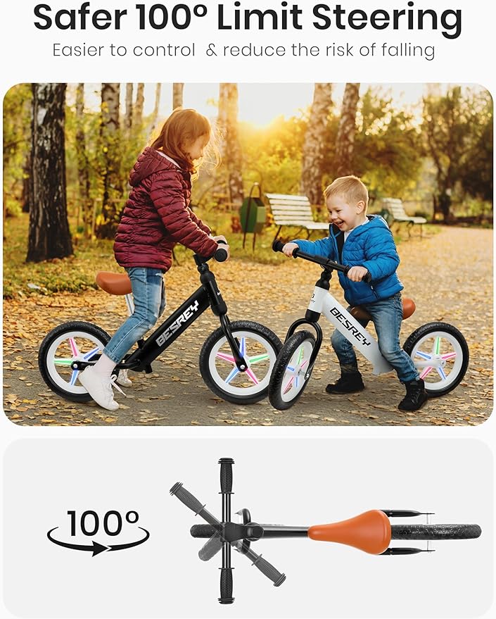 besrey Toddler Balance Bike 2 Year Old, All-Metal Frame | 12" Motion-Activated Lighting Wheels | All-Terrain | Kids Bike with Padded Adjustable Seat | Gift Bike for Boys Girls 2 3 4 5 Years Old