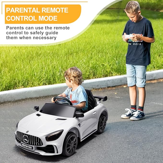 Winado 12V Ride on Car, Licensed Mercedes Benz AMG GTR Battery Powered Electric Vehicle, w/Parent Remote, Wider Seat, LED Lights, Openable Doors, MP3 Player, Smooth Start, 3 Speeds - White