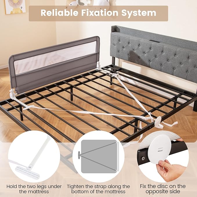 HONEY JOY Bed Rail for Toddlers, 59-in Extra Long, Portable Safety Bed Guardrail w/Double Safety Child Lock, Foldable Baby Bed Rail Guard, Fit King & Queen Full Twin Size Bed Mattress (1 Pack, Gray)
