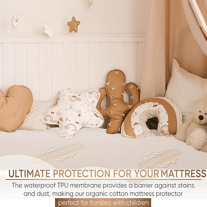 Waterproof Organic Mattress Protector Twin – Soft Organic Cotton Top – Noiseless & Breathable 250 GSM Pad Cover – Deep Pocket Fitted Design