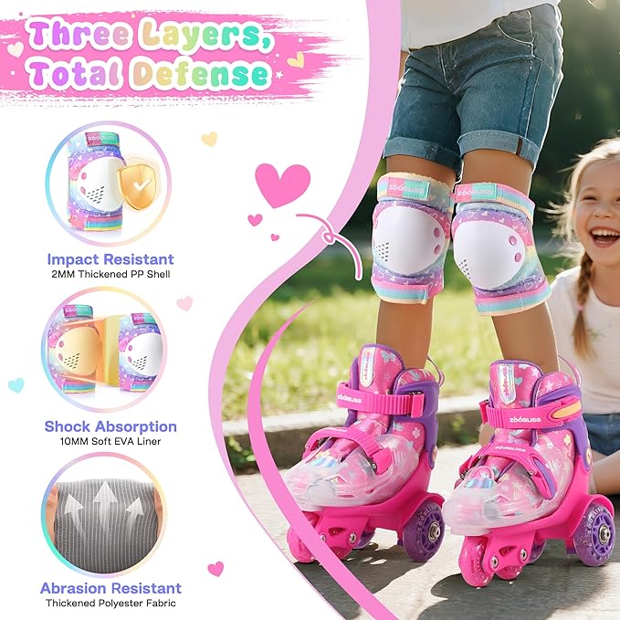 Knee Pads for Kids - ZOOBLISS Toddler Knee and Elbow Pads Set Wrist Guards for Skating Girls Aged 3-12, Kids Protective Gear for Roller Skates Skateboard Bike Scooter, Included Drawstring Bag(Rainbow)