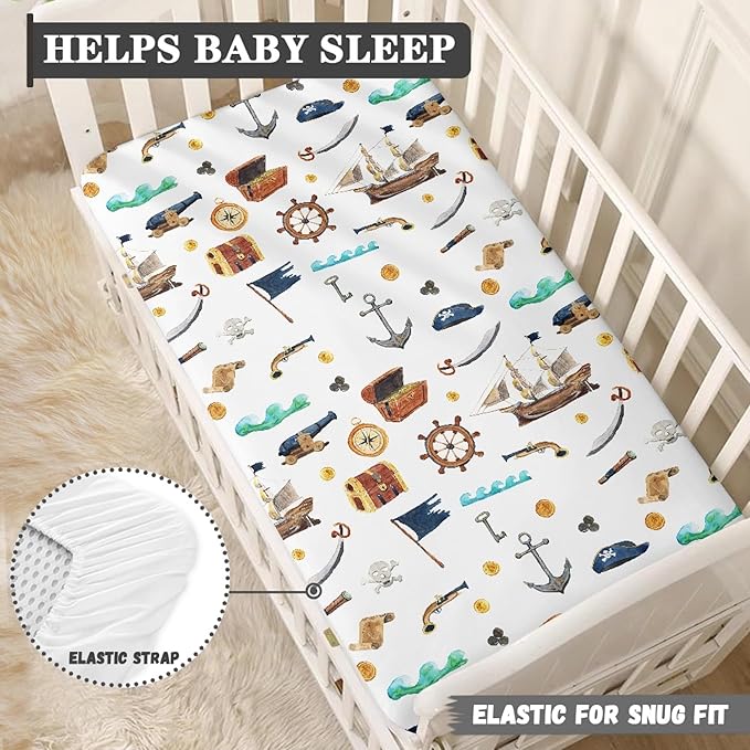 Watercolor Pirate Ship Fitted Crib Sheet for Boys Girls Map Anchor Flag Helm Telescope Baby Sheet for Standard Crib and Toddler Nursery Bed Mattress Sheets 28"x52"