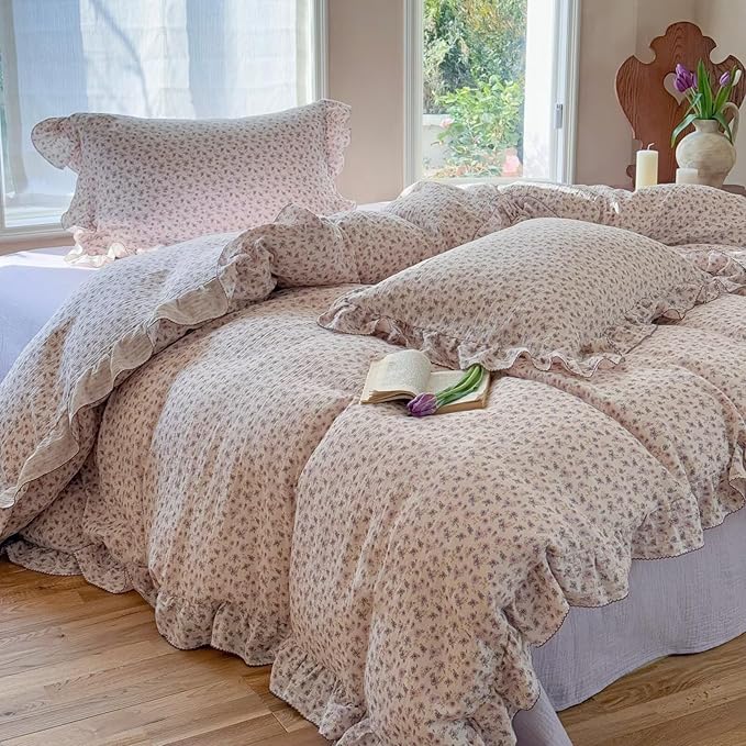 BuLuTu Vintage Purple Floral Duvet Cover Queen, Muslin Cotton Comforter Cover, Soft Lightweight Farmhouse Bedding Ruffles Quilt Covers 90"x90", Zipper & Corner Ties, No Pillow