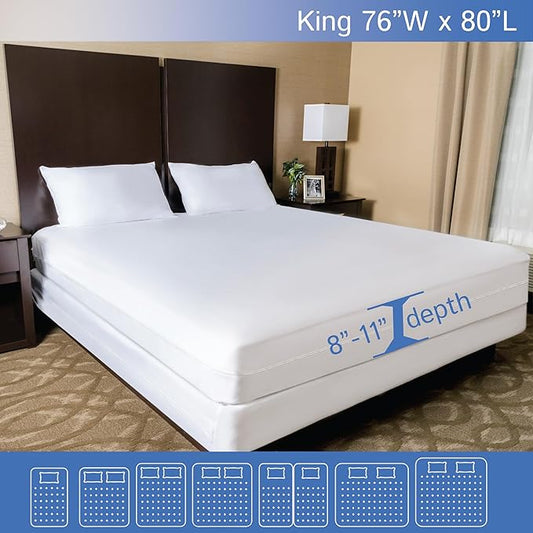 King Zippered Mattress Protector (8"-11" Depth) Waterproof Encasement Premium Quality Hypoallergenic Bed Cover Protects from Dust White