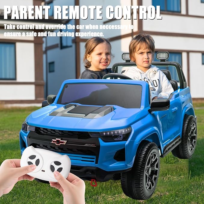 POSTACK Official License Chevrolet Ride on Car, 24V Battery Powered Kids Ride On Toy Car, 4 Wheeler Ride on UTV with Remote Control, LED Bright Lights and Music Play, Gifts for Boys and Girls, Blue