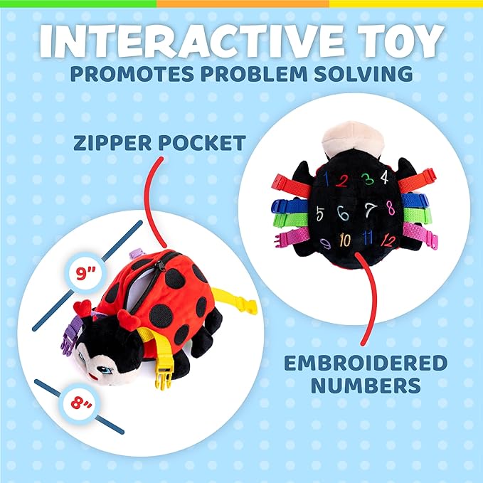 Buckle Toys - Becky Ladybug Stuffed Animal - Montessori Learning Activity Sensory Processing Toy - Develop Motor Skills and Problem Solving - Autism Sensory Toys