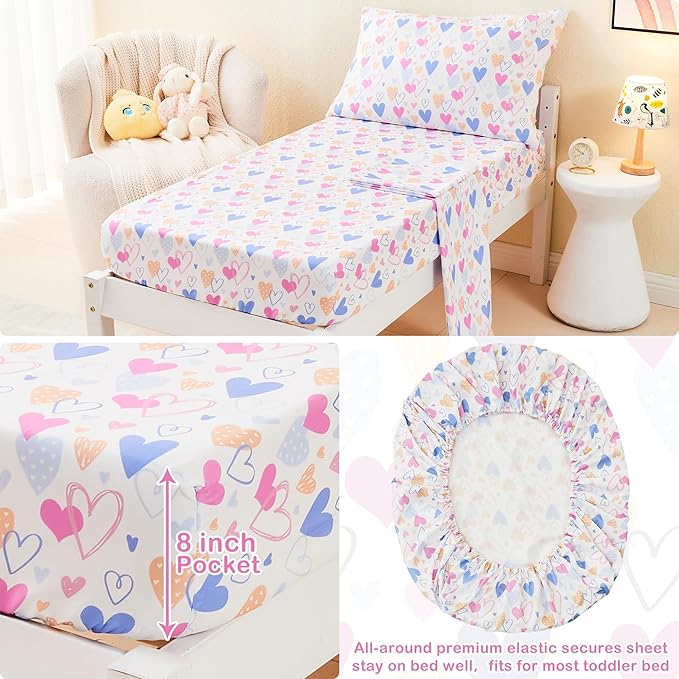 Mooreeke 4 Pieces Toddler Bedding Set - Soft Love Heart Toddler Comforter Sets for Girls, Includes Quilted Comforter, Flat Sheet, Fitted Sheet and Pillowcase, Bed in A Bag for Baby Bedroom