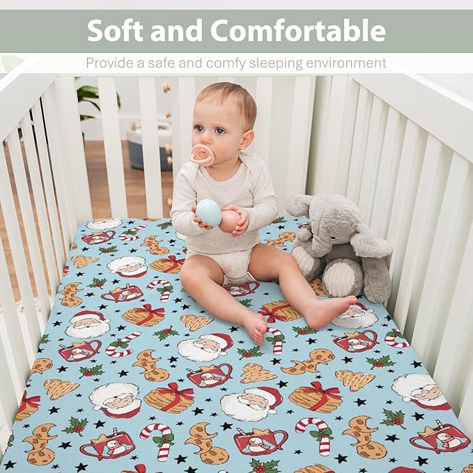 Sweet Christmas Blue Baby Crib Sheets for Boy Girl 52x28 Santa Claus Cherry Fir Candy Soft Snug Fitted Crib Mattress Cover Winter Holiday Festival Baby Sheet for Standard Crib & Toddler Bed Mattress