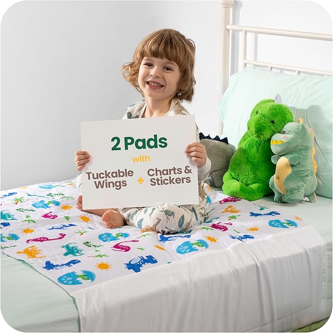 IMPROVIA® Toddler Bed Wetting Pad – 2 Pack 34x36 Waterproof Mattress Protector with Tuckable Wings – Ultra Absorbent, Non-Slip Washable Underpad for Kids & Potty Training – Dino Design (Dino)