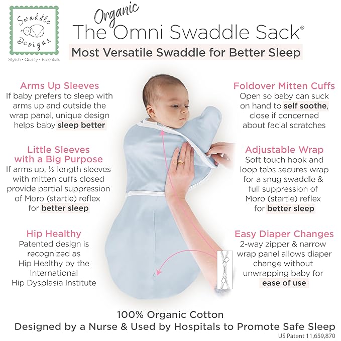 SwaddleDesigns Organic 6-Way Omni Swaddle Sack, Arms Up Swaddle for Newborn, More Options to Calm Startle Reflex, Improves Sleep, Small, 0-3 mo, 6-14 lbs, Soft Blue