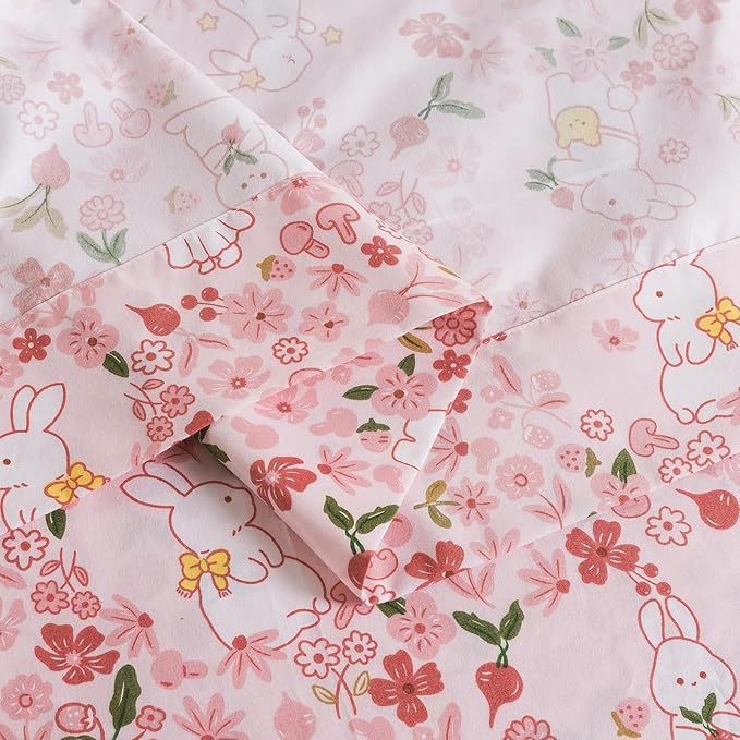 Caressma Twin Size 5 Pieces Pink Comforter Set, Lovely Rabbit Pattern Kids Bedding Set in a Bag with Floral Comforter, Fitted Sheet, Flat Sheet, Pillow Case & Pillow Sham
