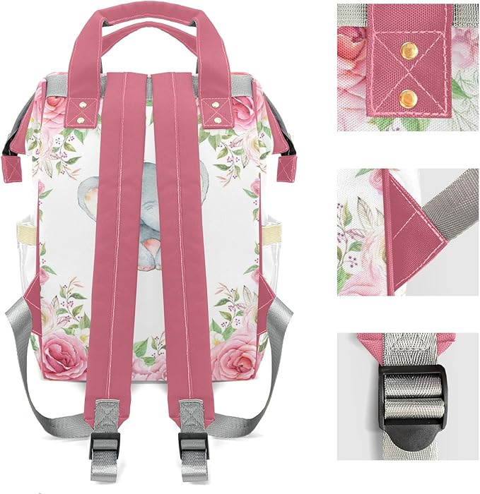 Personalized Pink Roses Baby Elephant Nursery Custom with Name Diaper Bag Backpack For Baby Boy Girl Dad Mom Unisex for Adult Daypack Holiday Gift