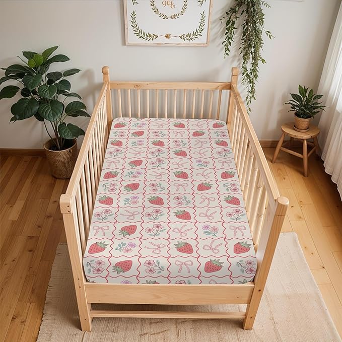 Boho Strawberry Flowers Baby Crib Sheets for Girl 52"x28" Strawberries Pink Bows Checkerboard Soft Snug Fitted Crib Mattress Covers Summer Fruit Baby Sheet for Standard Crib & Toddler Bed Mattress