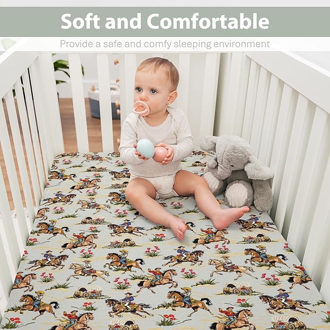 Vintage Cowboy Floral Baby Crib Sheets for Boy Girl 52x28Inch Western Cowboy Horse Soft Stretchy Fitted Crib Mattress Cover Wild West Desert Baby Sheet for Standard Crib & Toddler Bed Mattresses