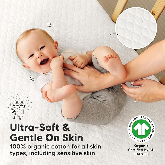 2-Pack Waterproof Crib Mattress Protector Cover Fitted - Quiet Baby Crib Mattress Pad Sheets, 52" x 28" Soft Quilted Cotton Baby Sheet, Machine Washable, Easy Fit, Durable (Soft White/Mavy)