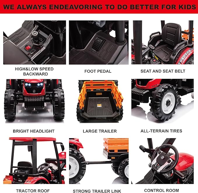 24V Kids Ride On Tractor w/Remote Control, 3IN1 Riding Tractor w/Trailer&Front Loader, Power Wheels 24V Ride on Toys for Boys Girls, Kids Ride on Excavator Toy (Red Tractor with Trailer&Front Loader)
