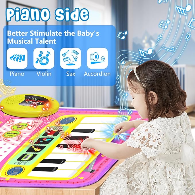 2-in-1 Musical Mat Toys for 1 2 3 4 5 Year Old, Piano Keyboard & Drum Set with 2 Drum Sticks, Early Educational Musical Learning Toys Birthday for 1 2 3 4 5 Year Old Girls & Boys, Pink