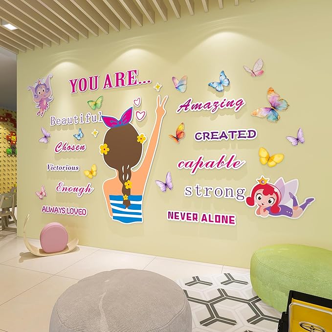 3D Inspirational Wall Stickers for Girls Room Decor Wall Decals Peel and Stick for Girls Bedroom Large Pink Decor for Nursery Toddler Princess Art Pictures Kids Murals Wallpaper