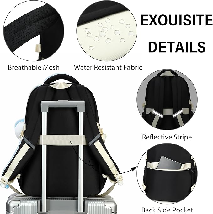 QHRIDS School Backpack for Girls, 3PCS Laptop Backpack 15.6 Inch with Lunch Box Pencil Pouch Set for Kids Teens Elementary Middle High School College Bookbag Student Casual Travel Daypack,Black Beige