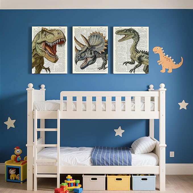 Ovczax 3 Pieces Dinosaur Canvas Wall Art - Tyrannosaurus Rex, Triceratops, Velociraptor Decor For Kids Room Game Room, Living Room, Bedroom 24" x 16"