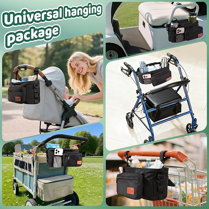 Guiseapue Universal Stroller Organizer with Cup Holder: Baby Essentials, Stroller Caddy Accessories with Detachable Phone Bag, Non-Slip Straps, Fits for Uppababy, Baby Jogger, New Moms Baby Gifts