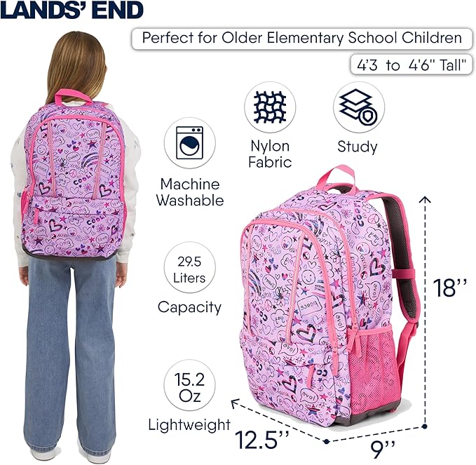 Lands' End Unisex Kids Large ClassMate Lightweight Durable Elementary School Backpack, Fuchsia Pink