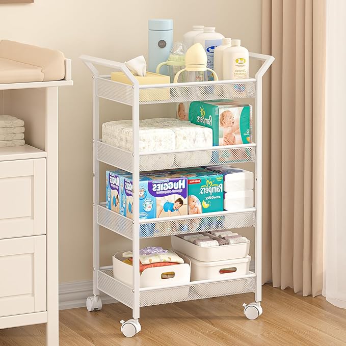 3IngSeagulls Baby Diaper Caddy Cart, 4-Tier Diaper Caddy Organizer and Storage, Rolling Utility Cart for Baby Supplies, Diaper Cart with Wheels for Bedroom, Nursery, Changing Table, White